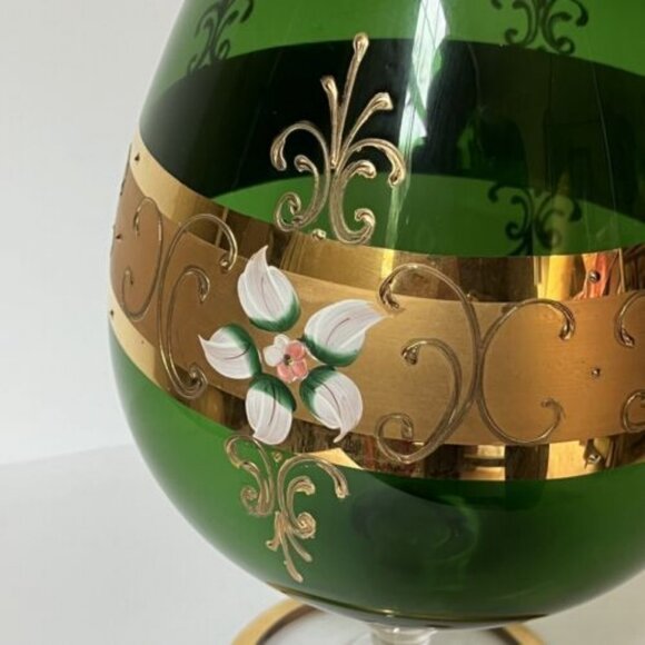 Vtg Empoli Green Glass Gilded Hand Painted Pedestal Vase Brandy Snifter MCM 11" - Picture 4 of 10